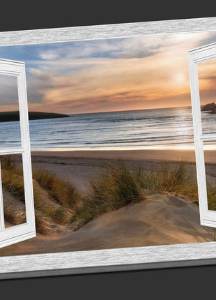 Window frame view of Crantock beach at sunset canvas picture print landscape