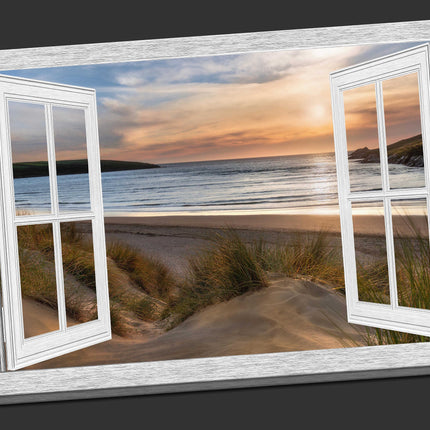 Window frame view of Crantock beach at sunset canvas picture print landscape