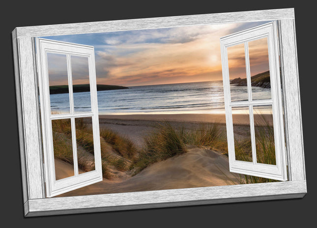 Window frame view of Crantock beach at sunset canvas picture print landscape