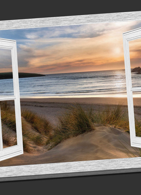 Window frame view of Crantock beach at sunset canvas picture print landscape