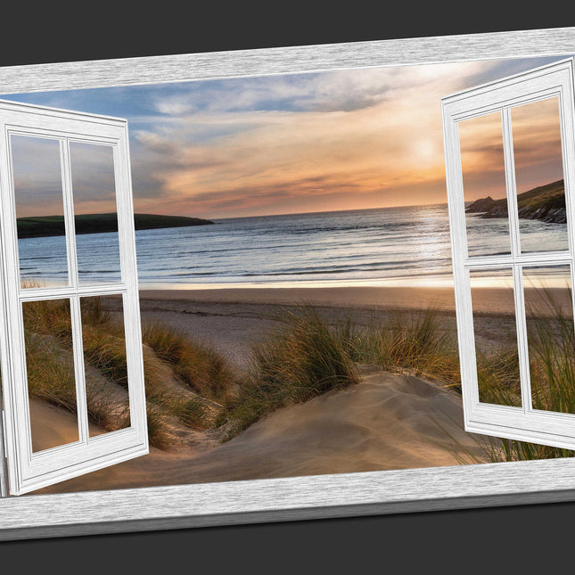 Window frame view of Crantock beach at sunset canvas picture print landscape