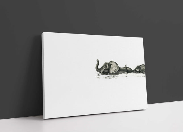 minimalist canvas picture print elephant crossing a river white background