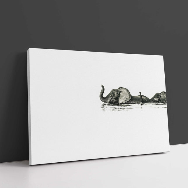 minimalist canvas picture print elephant crossing a river white background