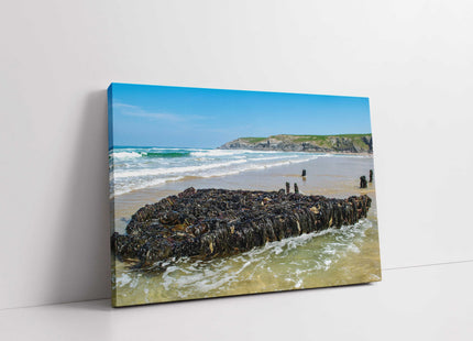 Holywell Bay shipwreck at low tide on the beach canvas picture print
