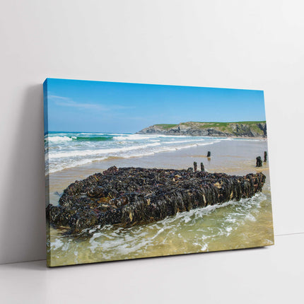 Holywell Bay shipwreck at low tide on the beach canvas picture print