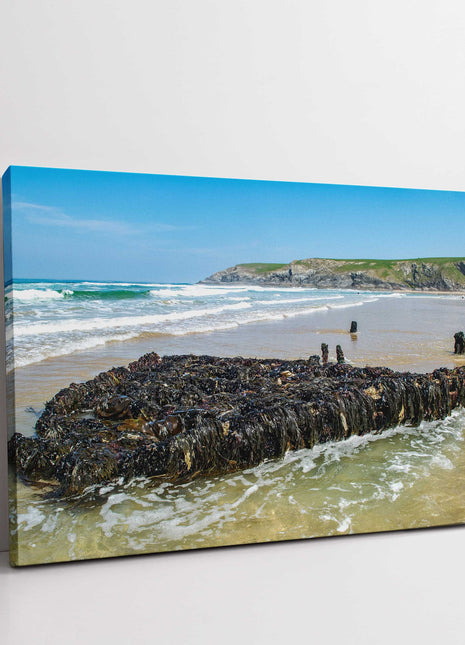 Holywell Bay shipwreck at low tide on the beach canvas picture print