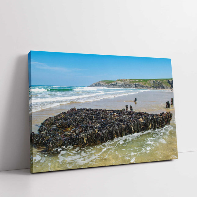 Holywell Bay shipwreck at low tide on the beach canvas picture print