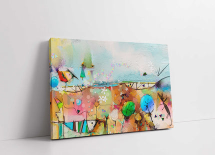 Abstract painting, tree, fish and bird in landscape.stylish canvas picture print
