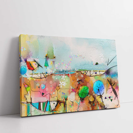Abstract painting, tree, fish and bird in landscape.stylish canvas picture print