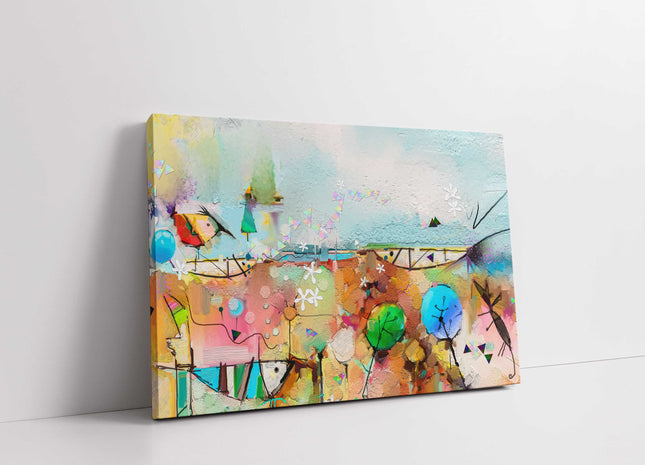 Abstract painting, tree, fish and bird in landscape.stylish canvas picture print