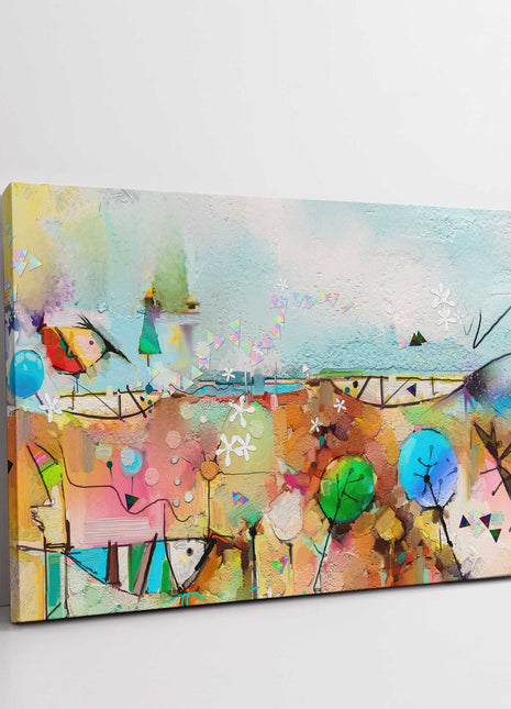Abstract painting, tree, fish and bird in landscape.stylish canvas picture print