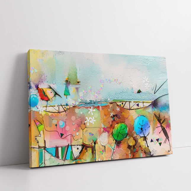 Abstract painting, tree, fish and bird in landscape.stylish canvas picture print