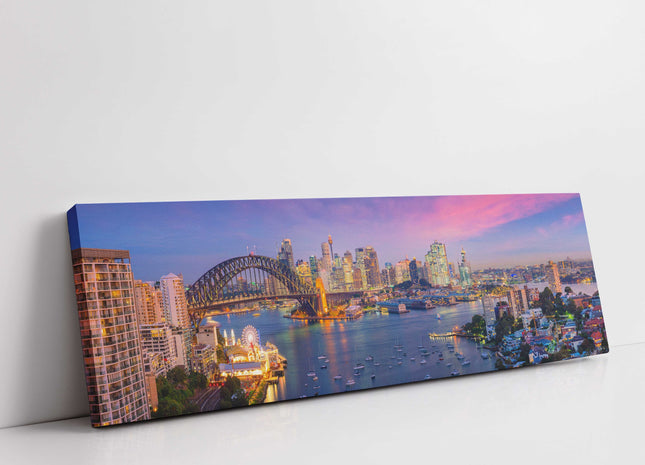 Sydney skyline, Australia. Panoramic canvas picture print. Vibrant sunset colours of the sky.