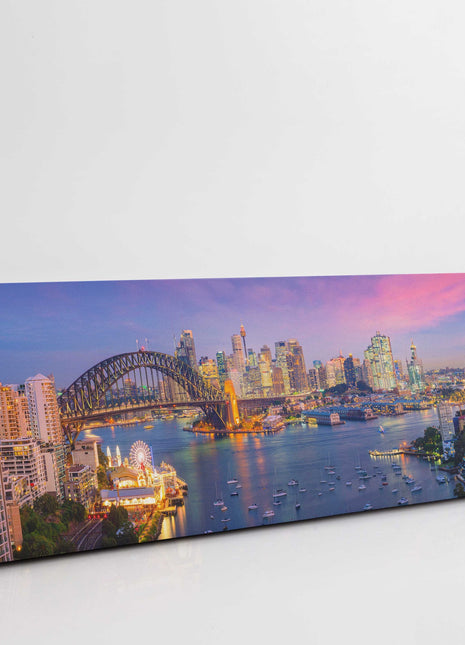 Sydney skyline, Australia. Panoramic canvas picture print. Vibrant sunset colours of the sky.
