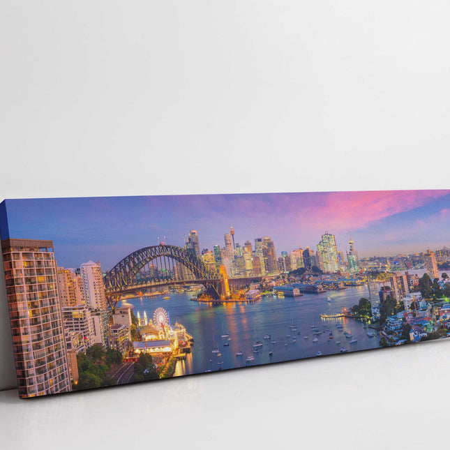Sydney skyline, Australia. Panoramic canvas picture print. Vibrant sunset colours of the sky.