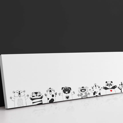Funny animals, funny faces. Panoramic canvas picture print. Black and white.