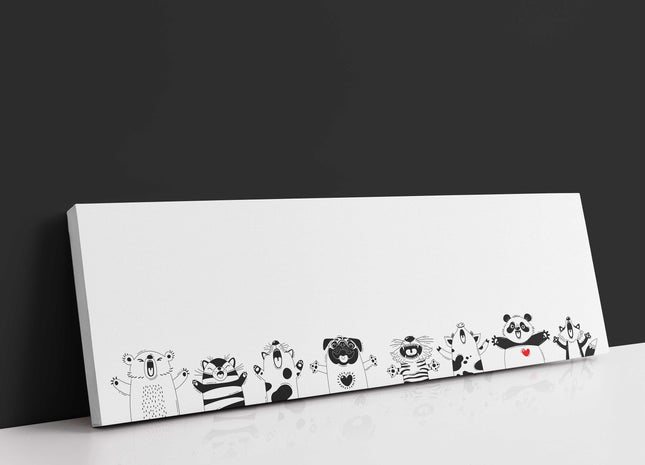 Funny animals, funny faces. Panoramic canvas picture print. Black and white.
