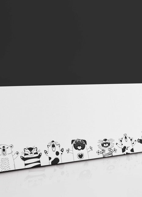 Funny animals, funny faces. Panoramic canvas picture print. Black and white.