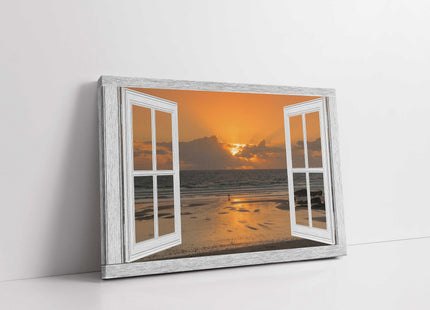 Window frame Canvas Print. Sunset at the beach, Cornwall.