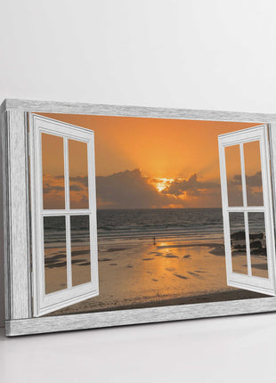 Window frame Canvas Print. Sunset at the beach, Cornwall.