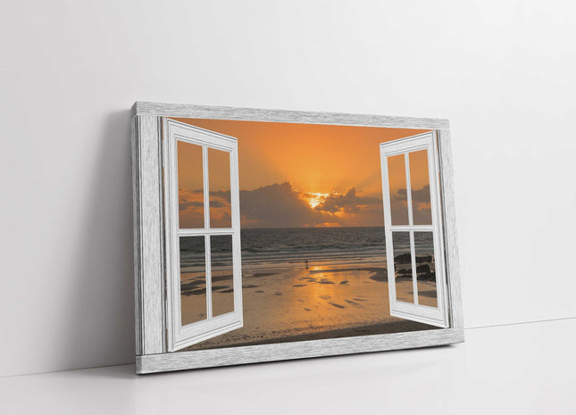 Window frame Canvas Print. Sunset at the beach, Cornwall.