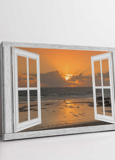 Window frame Canvas Print. Sunset at the beach, Cornwall.