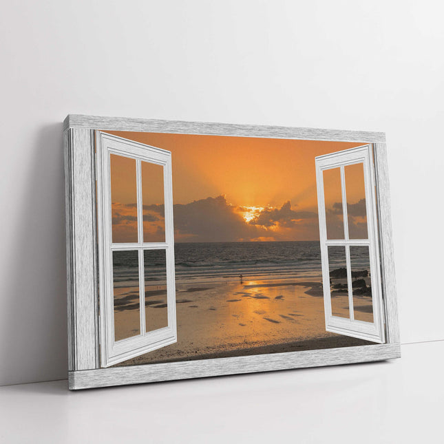 Window frame Canvas Print. Sunset at the beach, Cornwall.