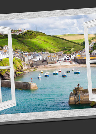 window frame open port isaac harbour canvas picture print landscape white window