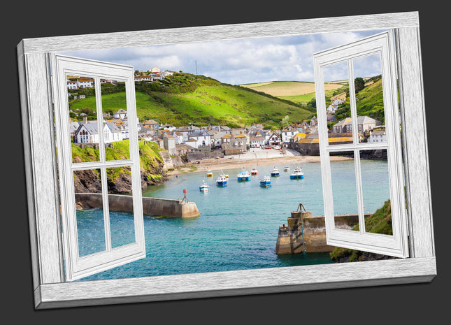 window frame open port isaac harbour canvas picture print landscape white window