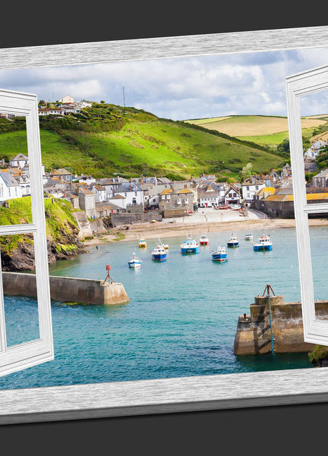 window frame open port isaac harbour canvas picture print landscape white window