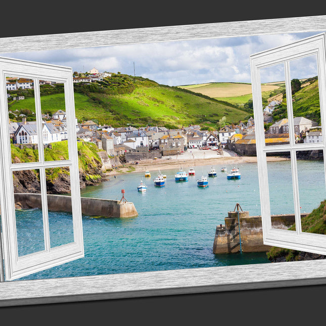 window frame open port isaac harbour canvas picture print landscape white window