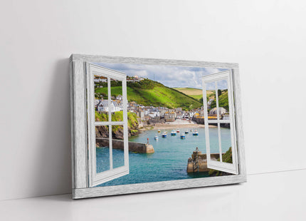 window frame open port isaac harbour canvas picture print landscape white window
