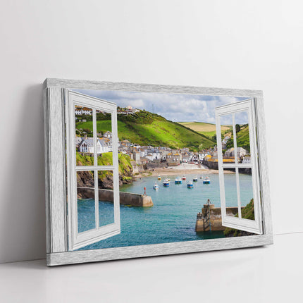 window frame open port isaac harbour canvas picture print landscape white window