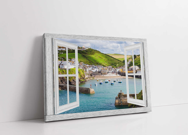 window frame open port isaac harbour canvas picture print landscape white window