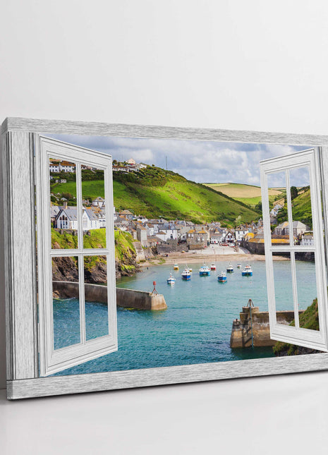 window frame open port isaac harbour canvas picture print landscape white window