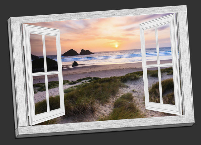 Window frame style Canvas Print. Holywell bay at sunset, Newquay, Cornwall.