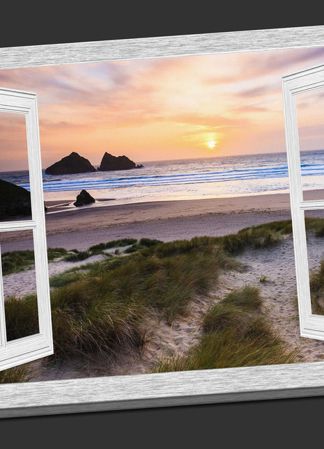 Window frame style Canvas Print. Holywell bay at sunset, Newquay, Cornwall.