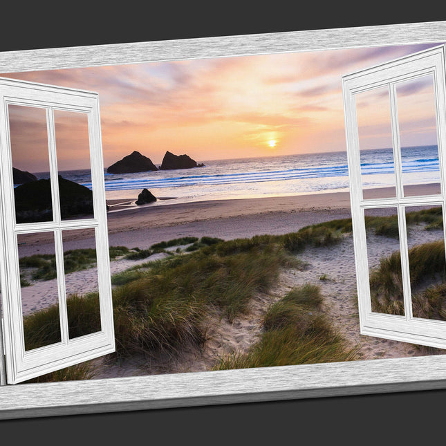 Window frame style Canvas Print. Holywell bay at sunset, Newquay, Cornwall.