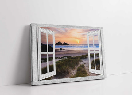 Window frame style Canvas Print. Holywell bay at sunset, Newquay, Cornwall.