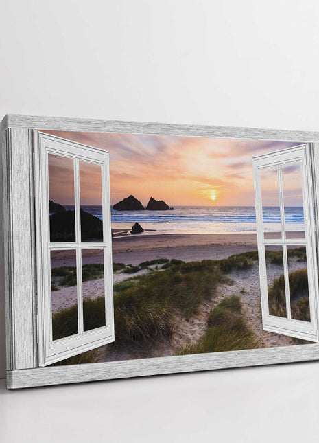 Window frame style Canvas Print. Holywell bay at sunset, Newquay, Cornwall.