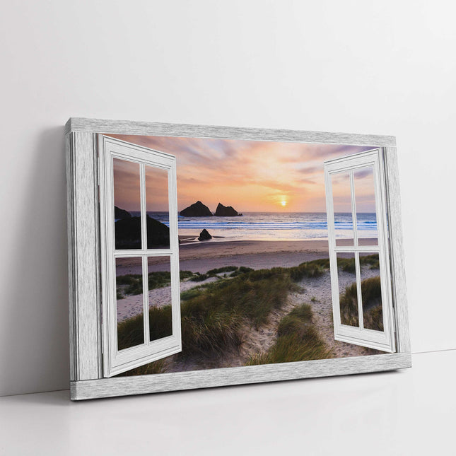 Window frame style Canvas Print. Holywell bay at sunset, Newquay, Cornwall.