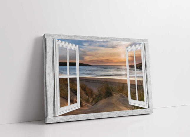 Window frame view of Crantock beach at sunset canvas picture print landscape