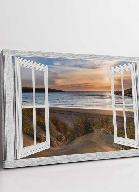 Window frame view of Crantock beach at sunset canvas picture print landscape