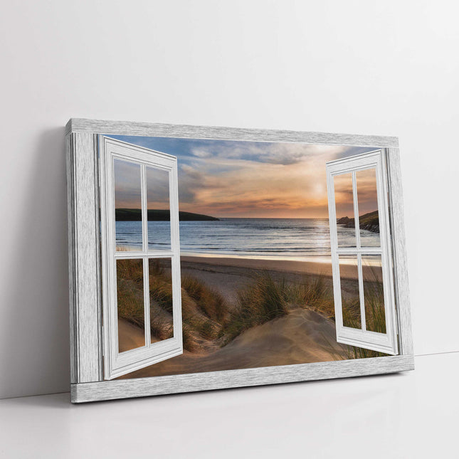 Window frame view of Crantock beach at sunset canvas picture print landscape