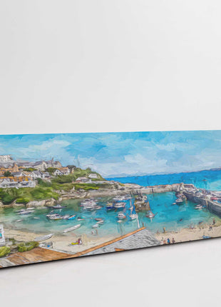 Newquay Harbour painting. Cornwall. Panoramic canvas picture print.