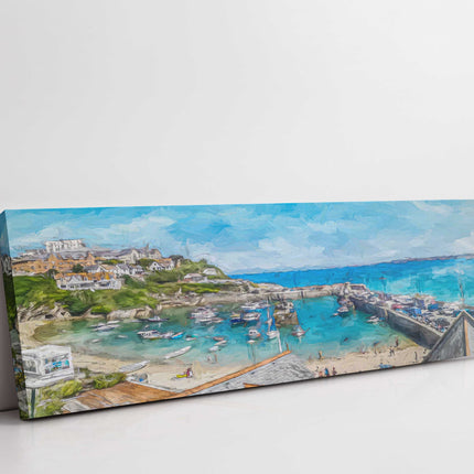 Newquay Harbour painting. Cornwall. Panoramic canvas picture print.