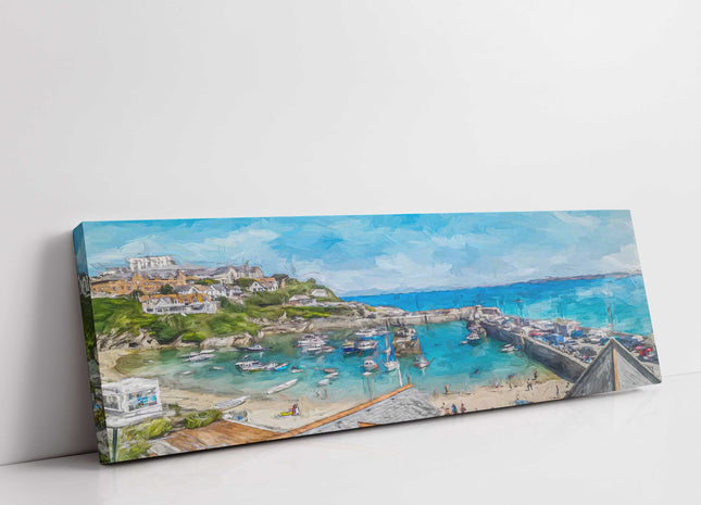 Newquay Harbour painting. Cornwall. Panoramic canvas picture print.