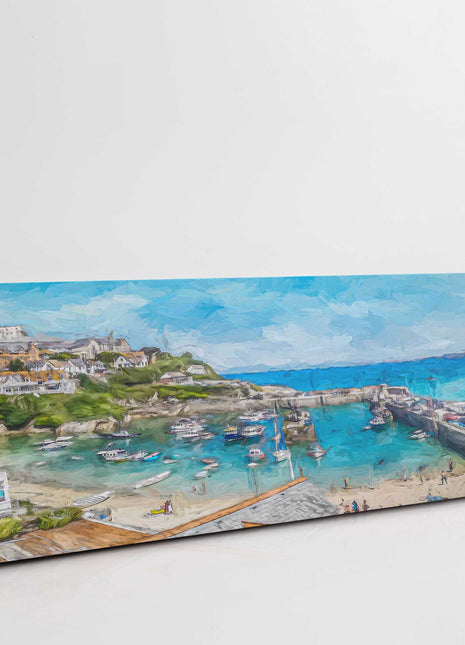 Newquay Harbour painting. Cornwall. Panoramic canvas picture print.