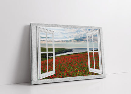 Poppy fields near Polly Joke beach Crantock window frame style canvas picture.