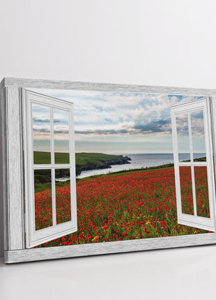 Poppy fields near Polly Joke beach Crantock window frame style canvas picture.
